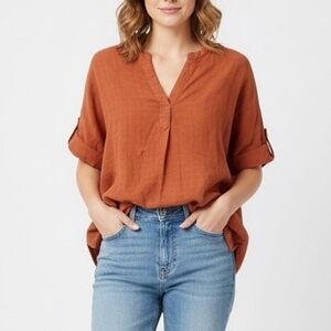 Madewell Lakeline Popover V-Neck Blouse Sz M NWT Rust Orange Oversized Cotton